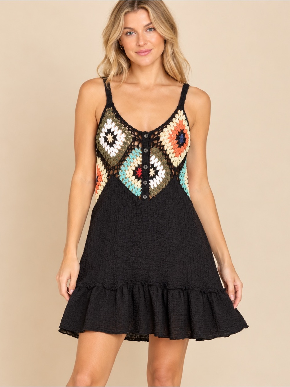 POL Clothing Black Sleeveless Crochet Granny Square Dress Medium New